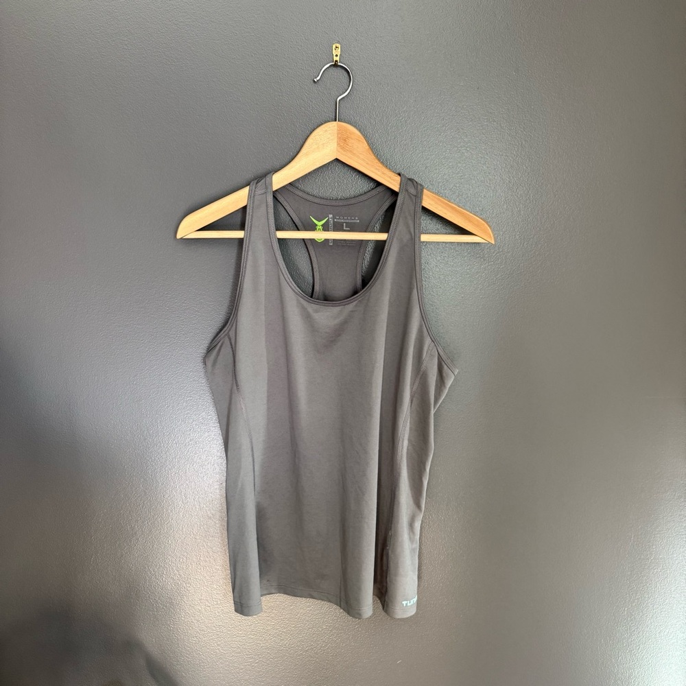Tunaskin Women Racerback Gray Performance Tank Top with Logo on Back Size Large